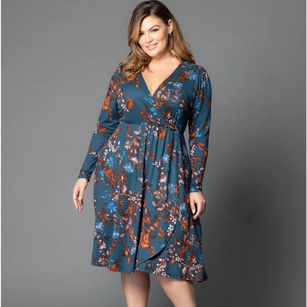 Kiyonna Aster Faux Wrap dress in Teal Blue Asters